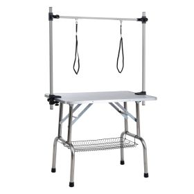 42" Folding Dog Pet Grooming Table Stainless Steel Frame Rubber Mat on Board with Adjustable Arm and Clamps pet dog Cat Grooming Table (SILVER-GRAY CO