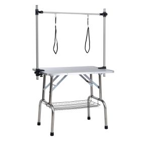 46" Folding Dog Pet Grooming Table Stainless Steel Frame Rubber Mat on Board with Adjustable Arm and Clamps pet dog Cat Grooming Table (SILVER-GRAY CO