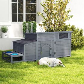 Wood Dog House, Outdoor Dog Kennel with Food Bowls, Storage Box, Vents, Openable Roof, Dog Pet Playpen Cage, Gray