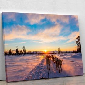 Musher and passenger in a dog sleigh with huskies a cold winter evening Canvas Print or Poster (Type: Premium Framed Canvas Print, size: 44" x 33" / 110cm x 85cm (approx))