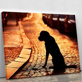 Silhouette of the dog on the street at sunset Canvas Print or Poster (Type: Standard Framed Canvas Print, size: 60" x 40" / 150cm x 100cm (approx))