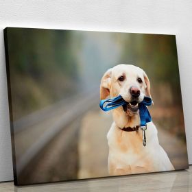 Dog is waiting for the owner on the railway platform Canvas Print or Poster (Type: Standard Framed Canvas Print, size: 48" x 36" / 120cm x 90cm (approx))