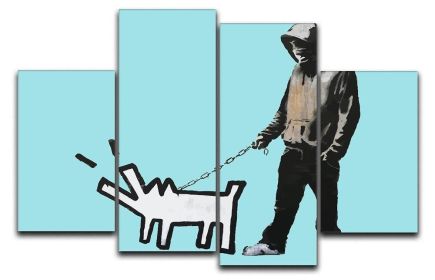 Banksy Keith Haring Dog Light Blue 4 Split Panel Canvas (Type: Standard Framed Canvas Print (Split-Panel), size: 35" x 22" / 89cm x 56cm (Approx))