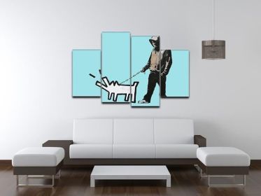 Banksy Keith Haring Dog Light Blue 4 Split Panel Canvas (Type: Standard Framed Canvas Print (Split-Panel), size: 67" x 44" / 170cm x 115cm (Approx))