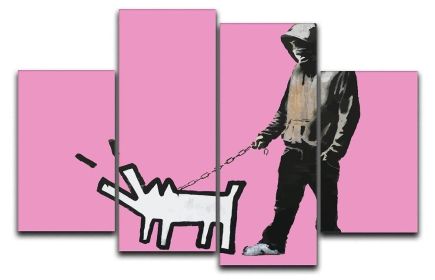 Banksy Keith Haring Dog Pink 4 Split Panel Canvas (Type: Standard Framed Canvas Print (Split-Panel), size: 35" x 22" / 89cm x 56cm (Approx))