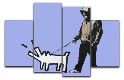 Banksy Keith Haring Dog Blue 4 Split Panel Canvas (Type: Standard Framed Canvas Print (Split-Panel), size: 35" x 22" / 89cm x 56cm (Approx))