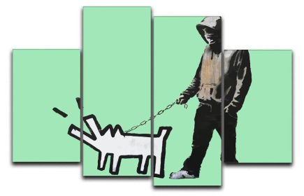 Banksy Keith Haring Dog Green 4 Split Panel Canvas (Type: Standard Framed Canvas Print (Split-Panel), size: 35" x 22" / 89cm x 56cm (Approx))