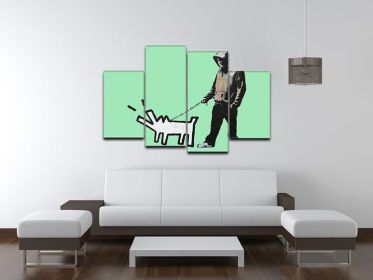 Banksy Keith Haring Dog Green 4 Split Panel Canvas (Type: Premium Framed Canvas Print (Split-Panel), size: 35" x 22" / 89cm x 56cm (Approx))