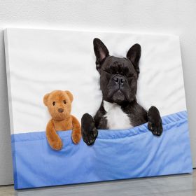 French bulldog dog with headache and hangover sleeping in bed Canvas Print or Poster (Type: Premium Framed Canvas Print, size: 40" x 26" / 100cm x 65cm (approx))