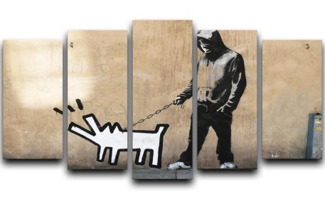 Banksy Keith Haring Dog 5 Split Panel Canvas (Type: Standard Framed Canvas Print (Split-Panel), size: 44" x 24" / 115cm x 65cm (Approx))