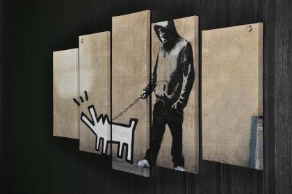 Banksy Keith Haring Dog 5 Split Panel Canvas (Type: Standard Framed Canvas Print (Split-Panel), size: 64" x 32" / 162cm x 85cm (Approx))