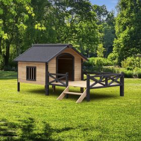 Outdoor Large Wooden Cabin House Style Wooden Dog Kennel with Porch (Color: Yellow Brown)