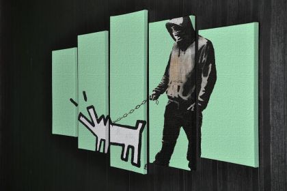 Banksy Keith Haring Dog Green 5 Split Panel Canvas (Type: Standard Framed Canvas Print (Split-Panel), size: 64" x 32" / 162cm x 85cm (Approx))