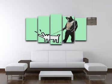 Banksy Keith Haring Dog Green 5 Split Panel Canvas (Type: Standard Framed Canvas Print (Split-Panel), size: 84" x 40" / 214cm x 100cm (Approx))