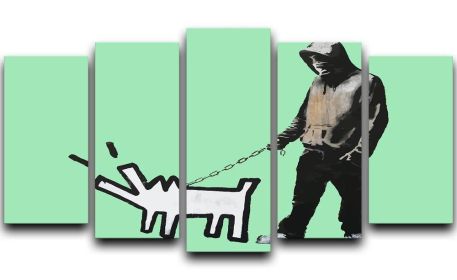 Banksy Keith Haring Dog Green 5 Split Panel Canvas (Type: Standard Framed Canvas Print (Split-Panel), size: 44" x 24" / 115cm x 65cm (Approx))